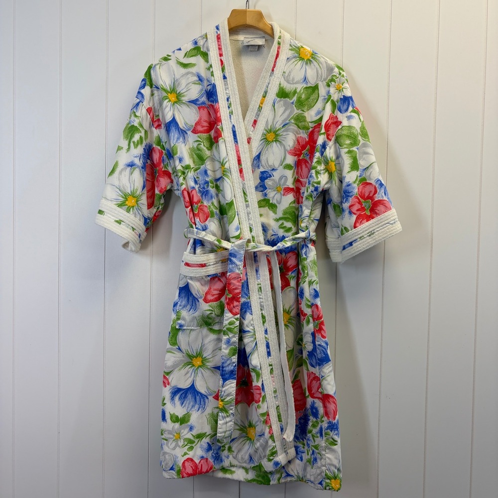 Vintage Hampton House Floral Terry Cloth Bathrobe Womens Small Cottage Comfort